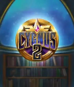 Explore the magical visuals of Cygnus 2 Slot by ELK Studios, showcasing a luxurious golden emblem with a bright design in purple and gold. Set against a starlit library setting, this image evokes the essence of mystical exploration. 