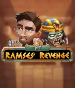 Explore the mysterious world of Ramses' Revenge slot by Relax Gaming, highlighting a surprised explorer and a menacing mummy amid an Egyptian tomb backdrop. This graphic captures the adventure of Egyptian archaeology, ideal for fans of Egyptian-themed slots, offering a thrilling escape. 